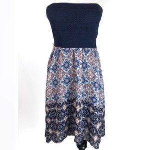 City Triangles Womens Lace Eyelet Boho Print Dress Size 9 Blue Strapless